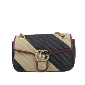 95新 GUCCI/古驰拼色皮质GG Marmont系列中号女士单肩包_免税价格_亿点免税