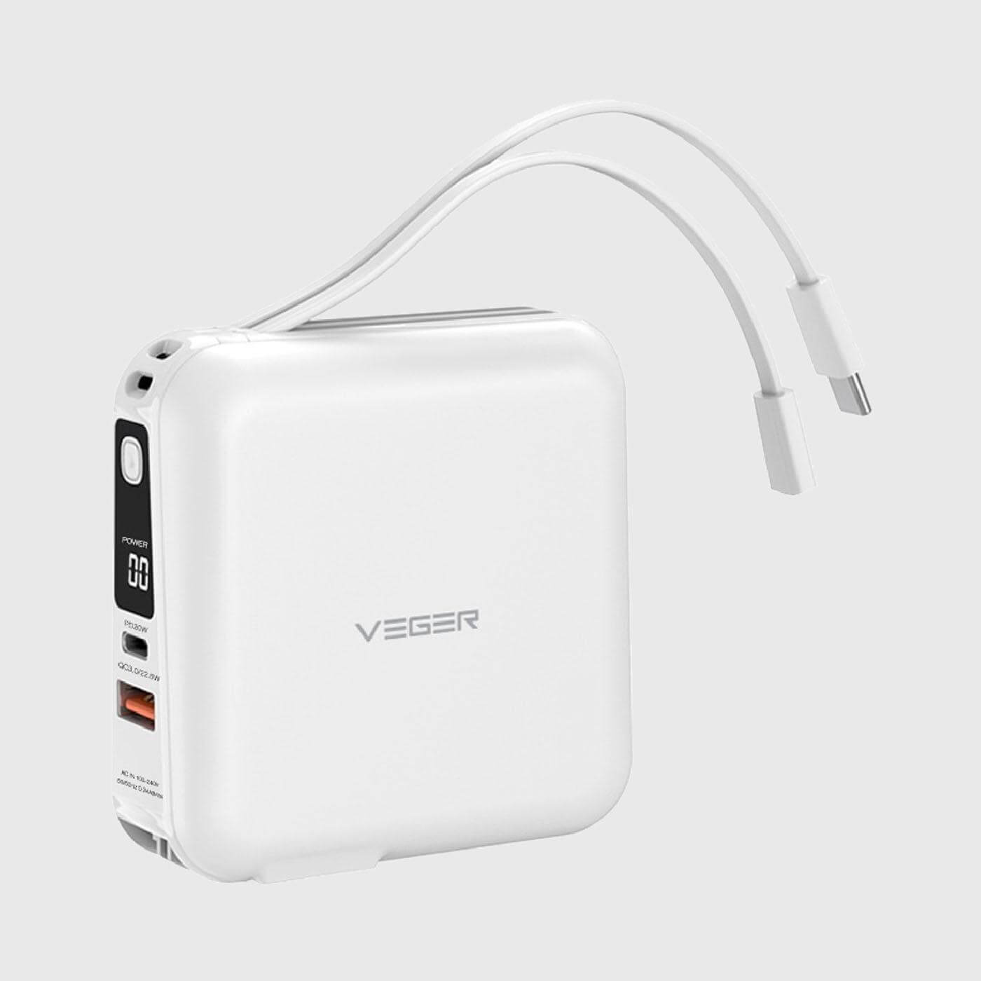 Veger W1001W 10,000 mAh wireless charging, PD/PPS20W, QC3.0,built-incable and adapter, digital display - White_免税价格_亿点免税