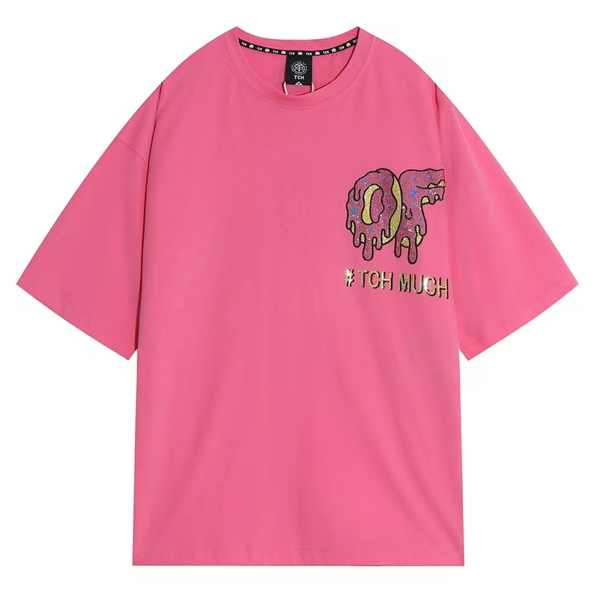 TCH轻奢潮牌烫钻甜甜圈字母粉色T恤T66A106113 男女同款