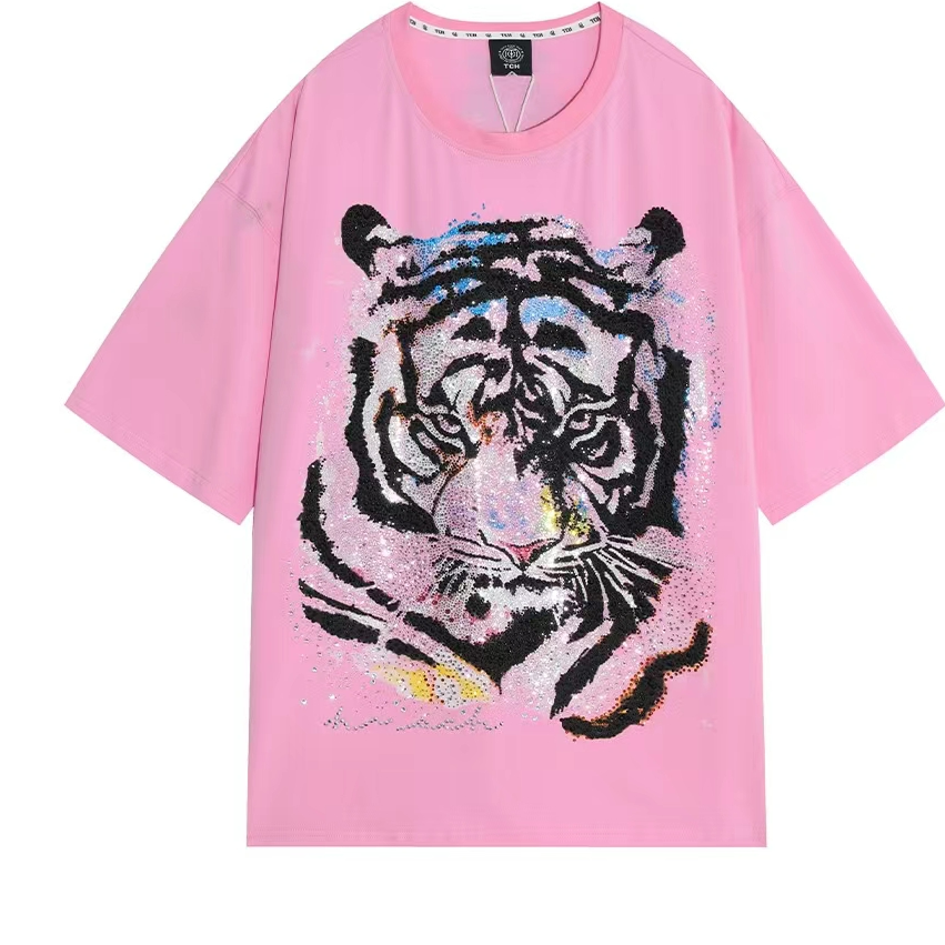 TCH潮牌粉色烫钻虎头粉色T恤T66A106005 男女同款