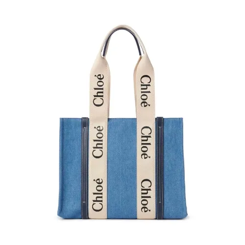 Chloe Woody库存牛仔布拼接光面小牛皮中号托特包，饰有Woody缎带