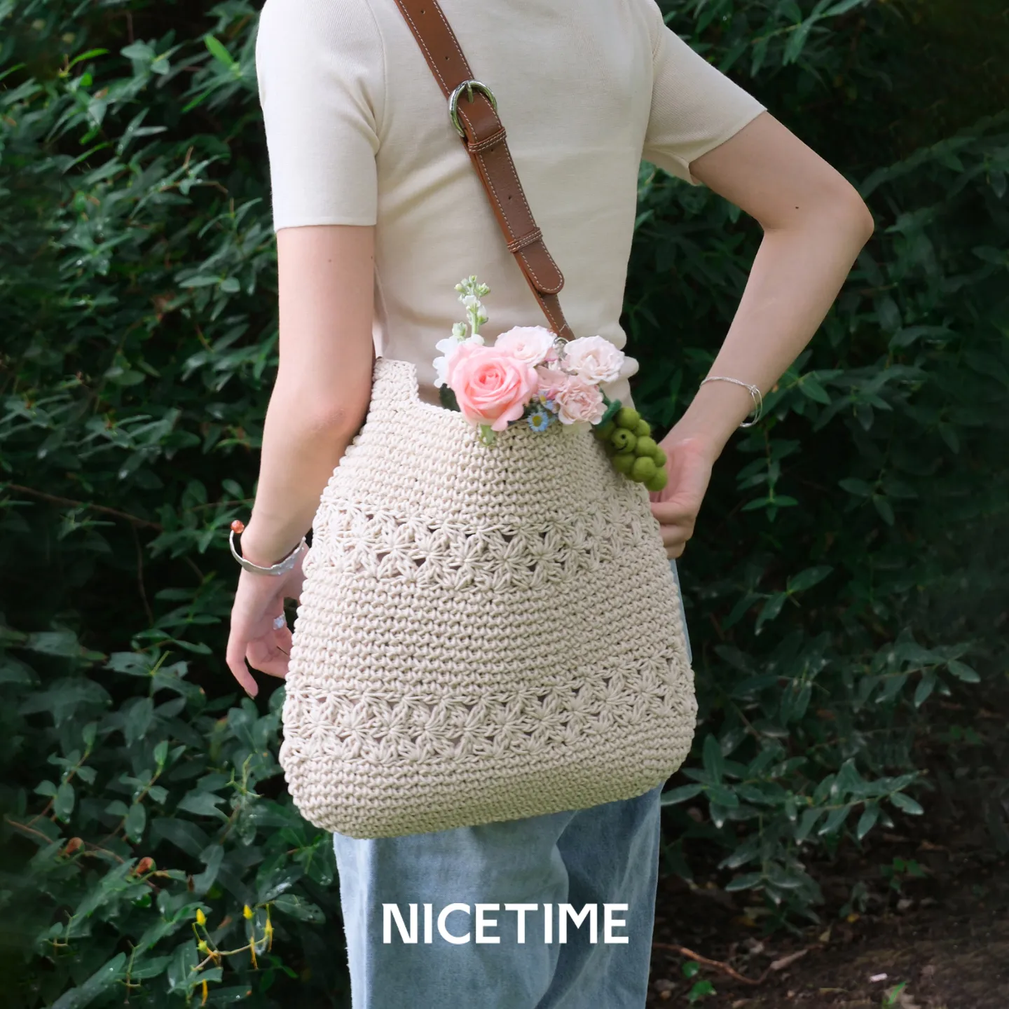 NICETIME 「董生活推荐」「海岛邂逅」蜡线编织hobo包 米白色