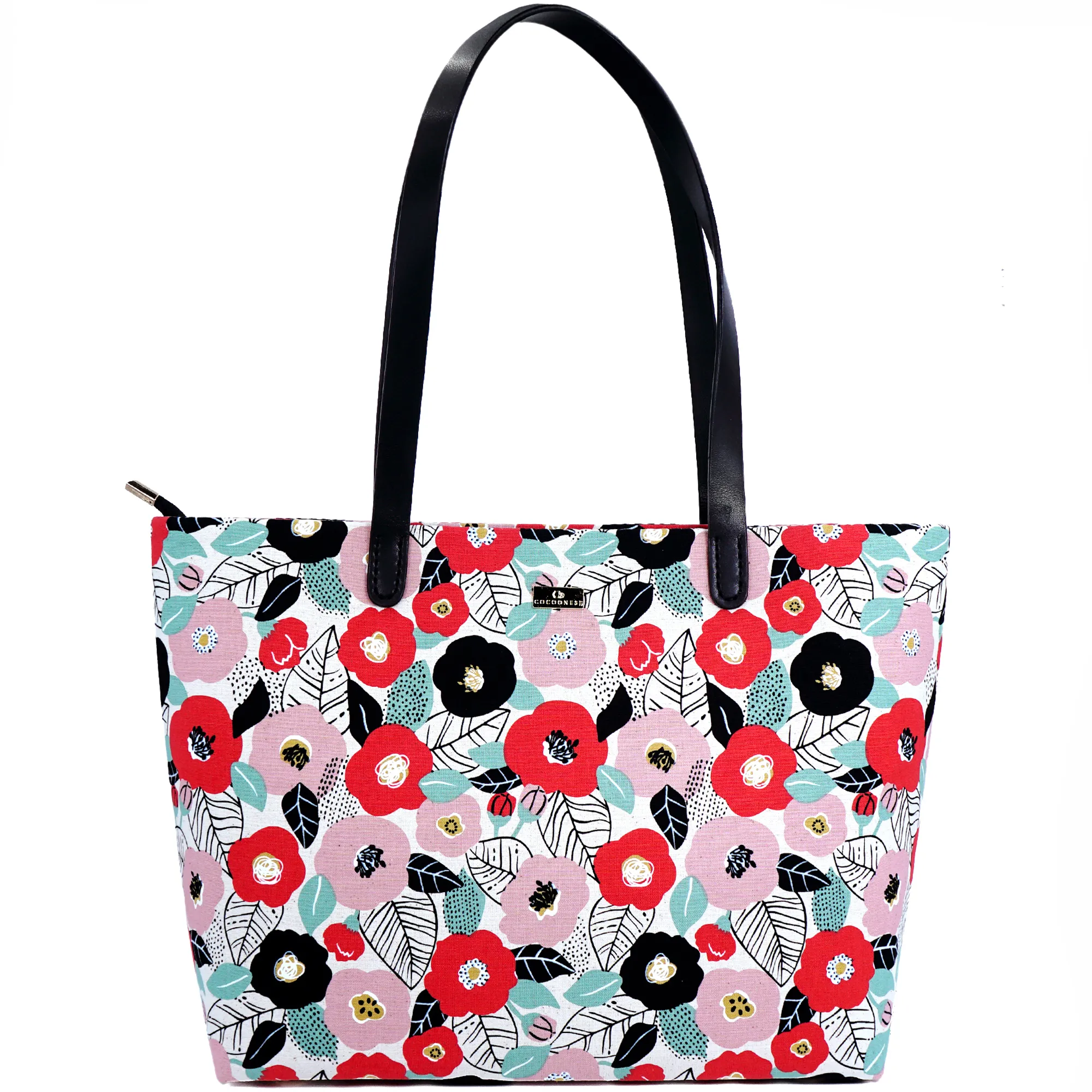 COCOONESE Zipper Top Tote Bag - Tsubaki Garden (Red)