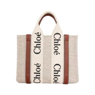 Chloe 蔻依小号Woody棉质帆布拼接光面小牛皮托特包