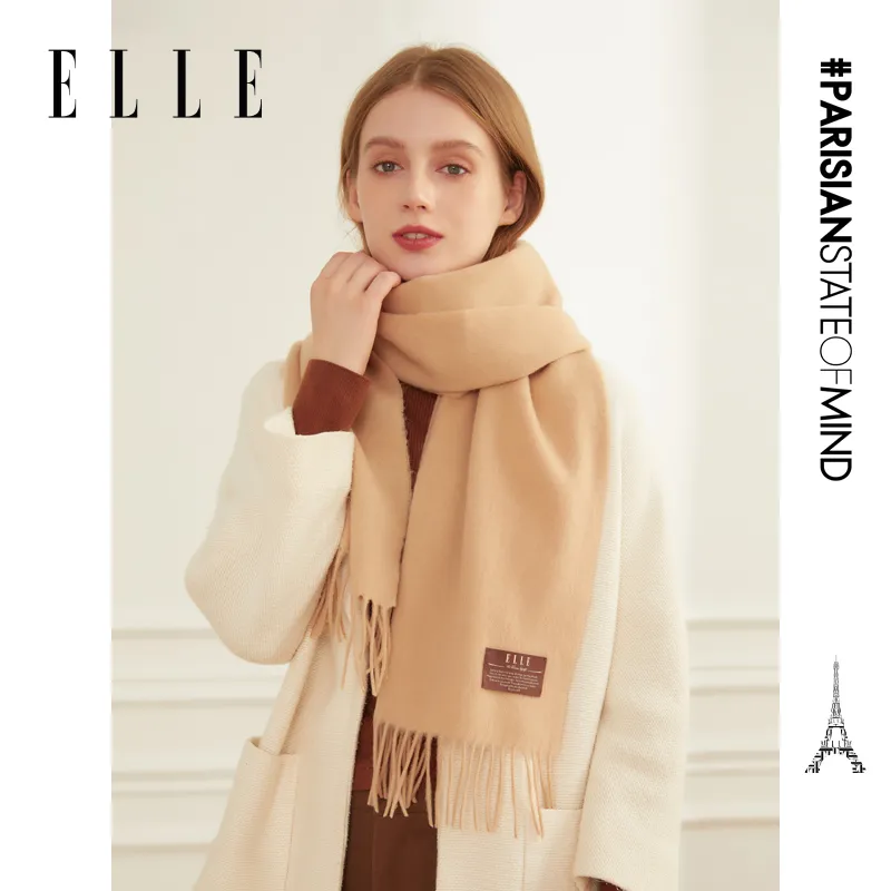 ELLE100%绵羊毛围巾女士秋冬季户外保暖纯色围脖新款简约风33WE24015 颜色:茶咖色