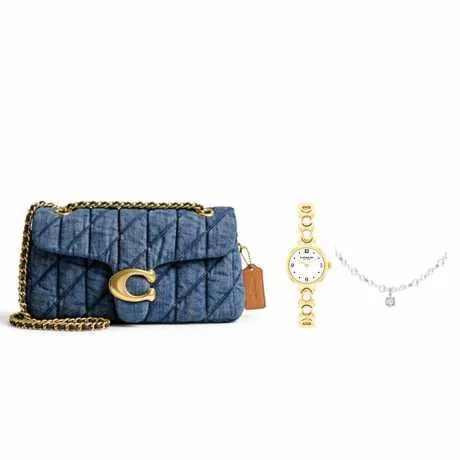 【组合商品】COACH 蔻驰丹宁色TABBY 26号单肩包&蔻驰IRIS系列精钢石英表&何方气泡方糖项链