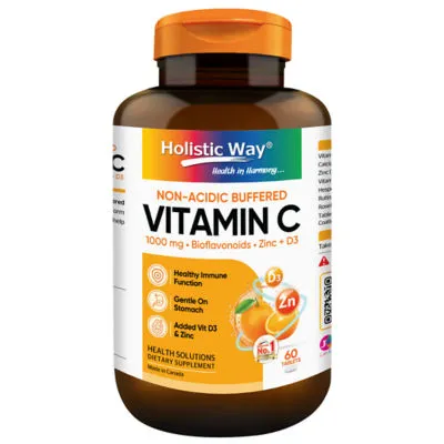 Holistic Way 非酸性维生素-C 1000毫克 含生物类黄酮、锌和维生素 D3 — 纯素 (60 粒片剂)