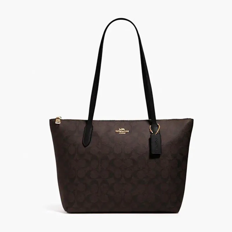 美国COACH蔻驰 女包中号老花拉链单肩手提包托特包4455 深棕黑色 规格:4455