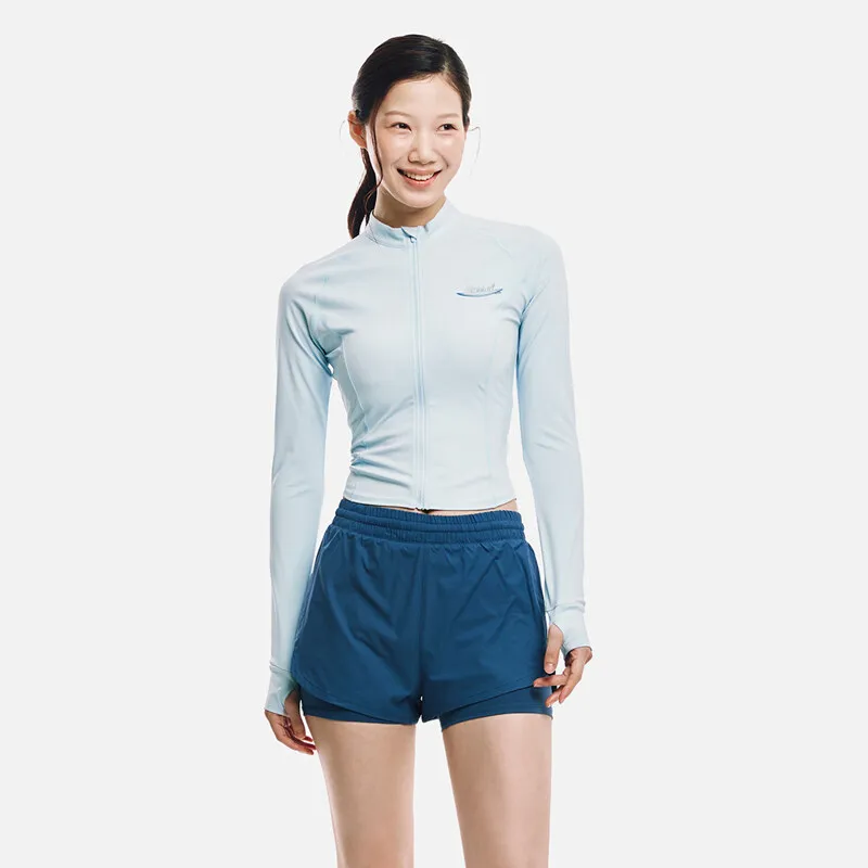 BARREL WOMEN ARTWORK CROP ZIP UP RASHGUARD AQUA BLUE