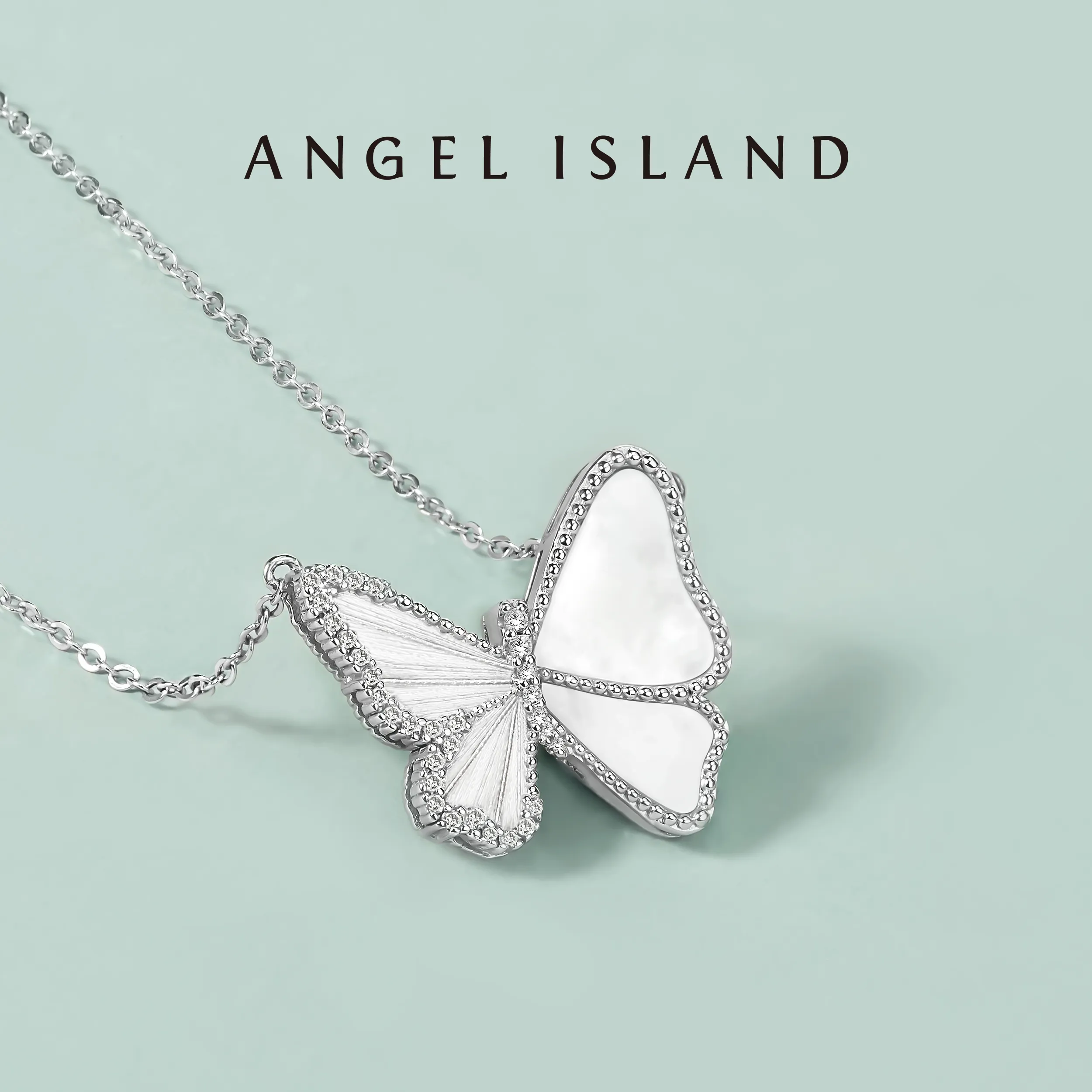 ANGEL ISLAND 天使岛 「沈羽洁同款」「栩栩」拉丝肌理蝴蝶 翅膀白贝项链 银色