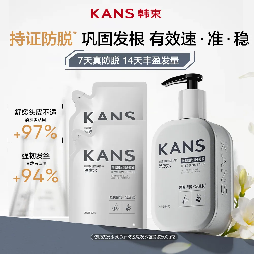 KANS 韩束 【买一赠二 三瓶正装量】防脱固发修护 洗发水500g+补充装500g*2