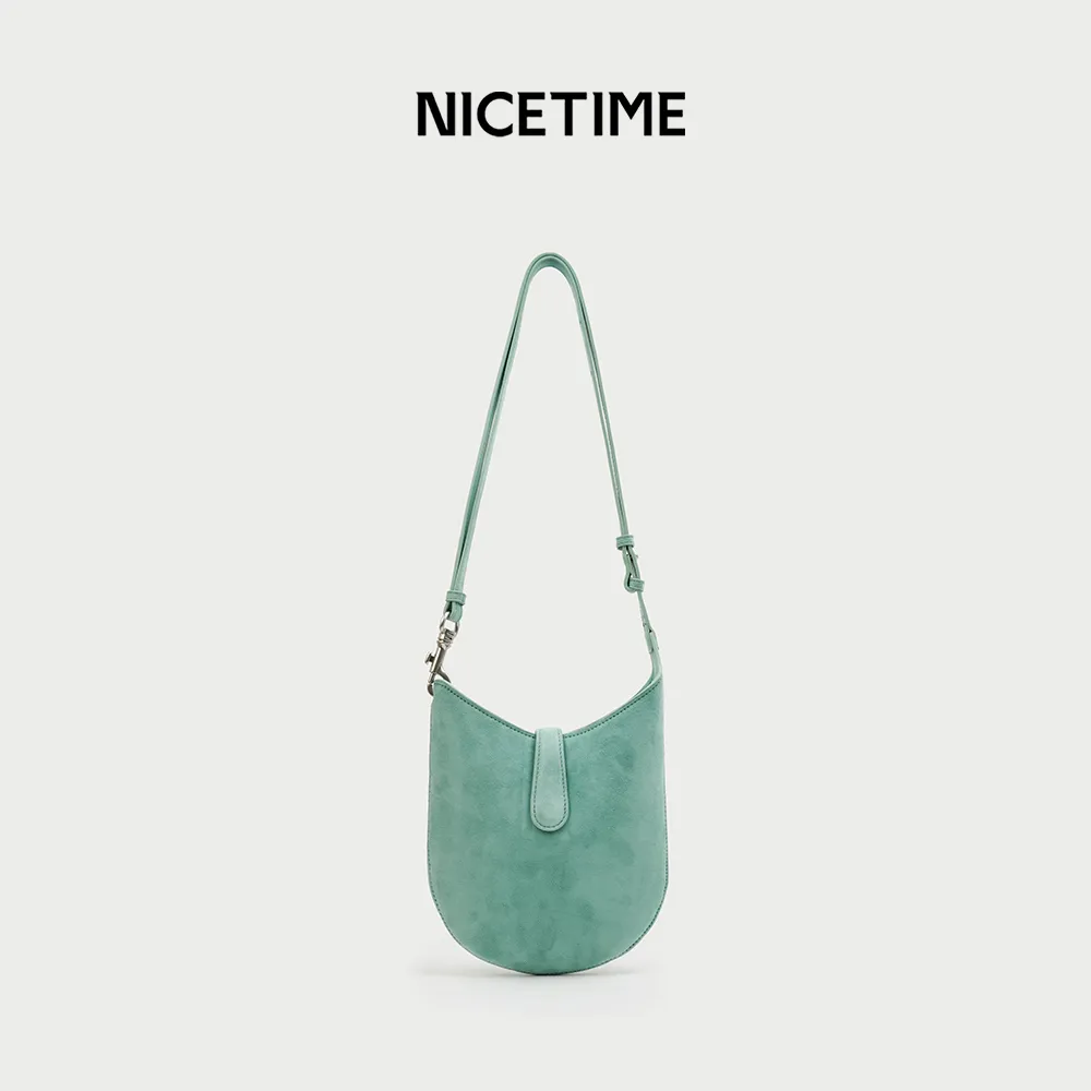 NICETIME秋冬复古度假风绿色仿麂皮斜挎包女百搭通勤小方包半月包
