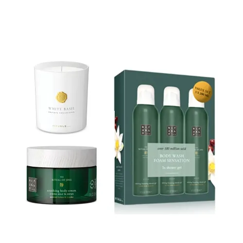 【Rituals 520限定组合】白色罗勒香薰蜡烛 360g+静仪式身体乳 220ml+静仪式发泡沐浴露三支装 200m