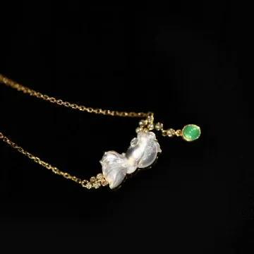 冰种翡翠金鱼锁骨链 18K 金镶钻天然 A 货翡翠轻奢项链