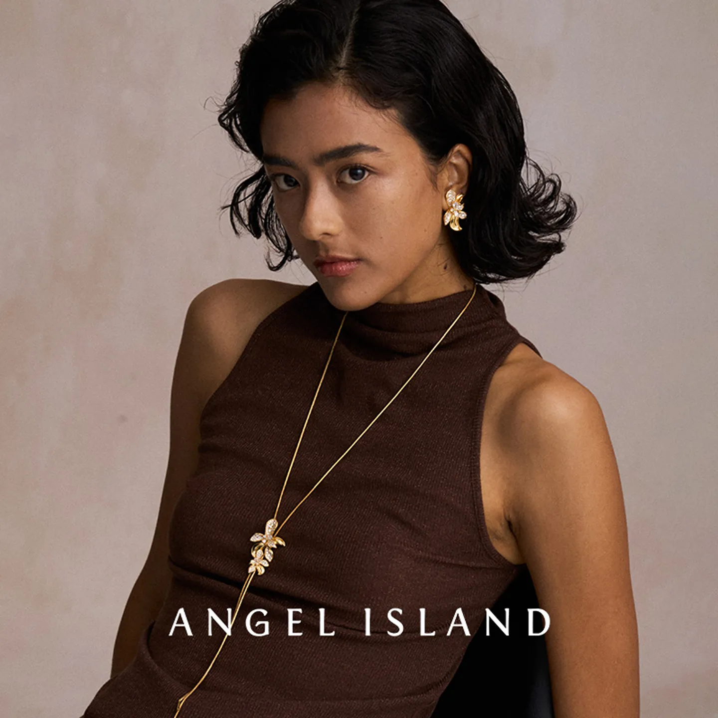 ANGEL ISLAND 天使岛 「Anthea 安西娅」花叙花朵造型锆石可调节长款项链 金色