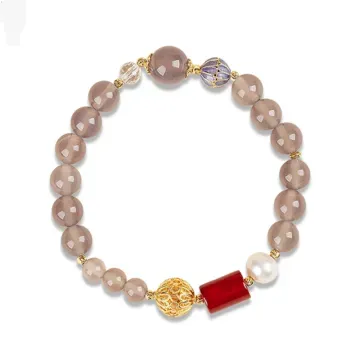 鹤禧觉色 立持如意·灰玛瑙多宝美人手串 8mm 弹力绳