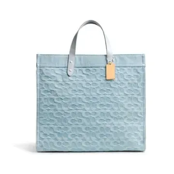 COACH 蔻驰经典标志丹宁布FIELD 40号男士托特包CG023 PBU 40*20*36.5cm 织物配牛皮革 浅蓝色