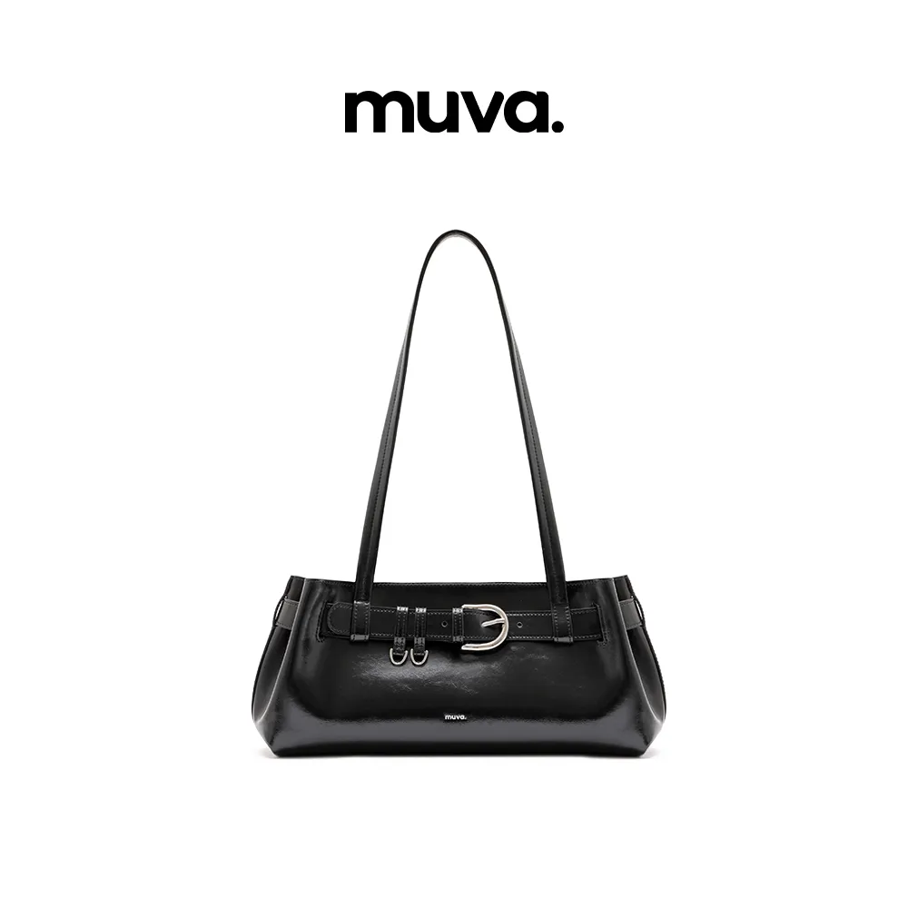 Muva Muva 真皮腋下包机车风简约单肩包 暮色黑